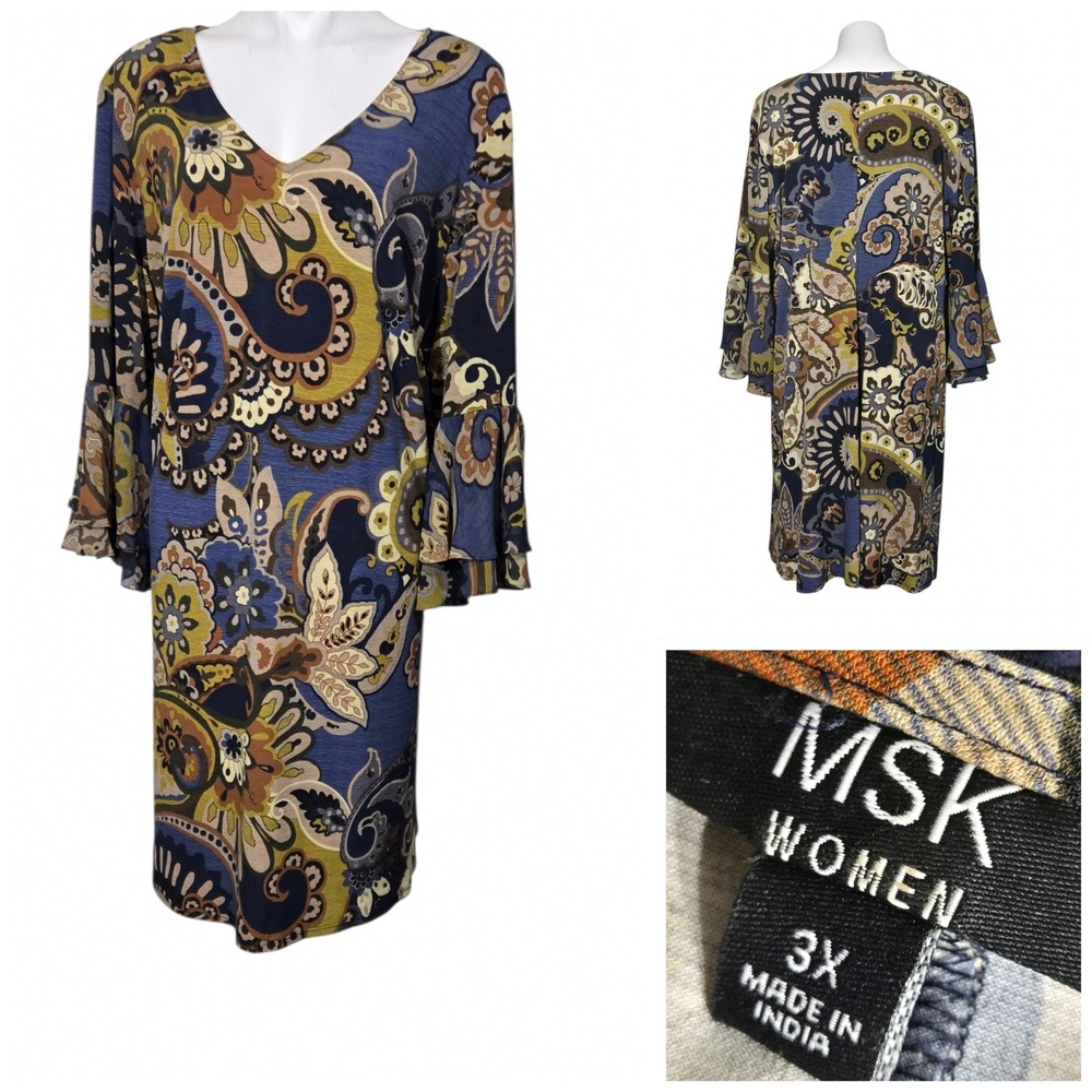 MSK Women Blue Gold Paisley V-Neck Bell Sleeve Shift Dress 3X Plus Size